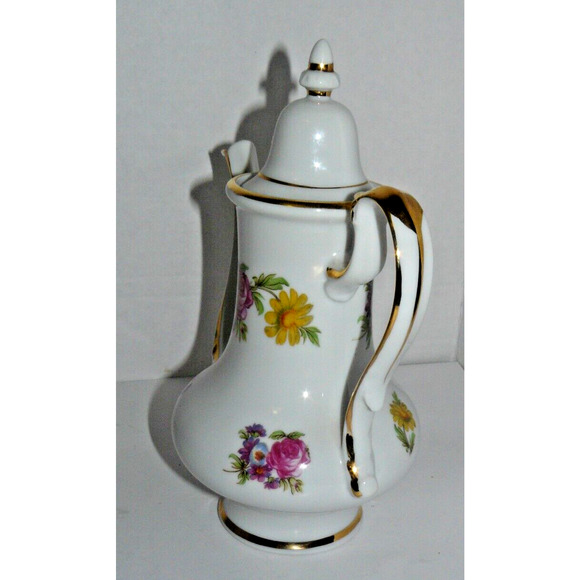 Rare Floral Gold Trim Coffee Chocolate Tea Pot Server Pitcher Crossed Sword Arow - Picture 2 of 6